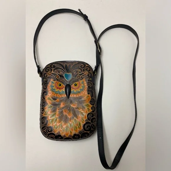 Blue Heart Owl Cross-body Purse Hand tooled Leather Multicolored - Picture 3 of 16